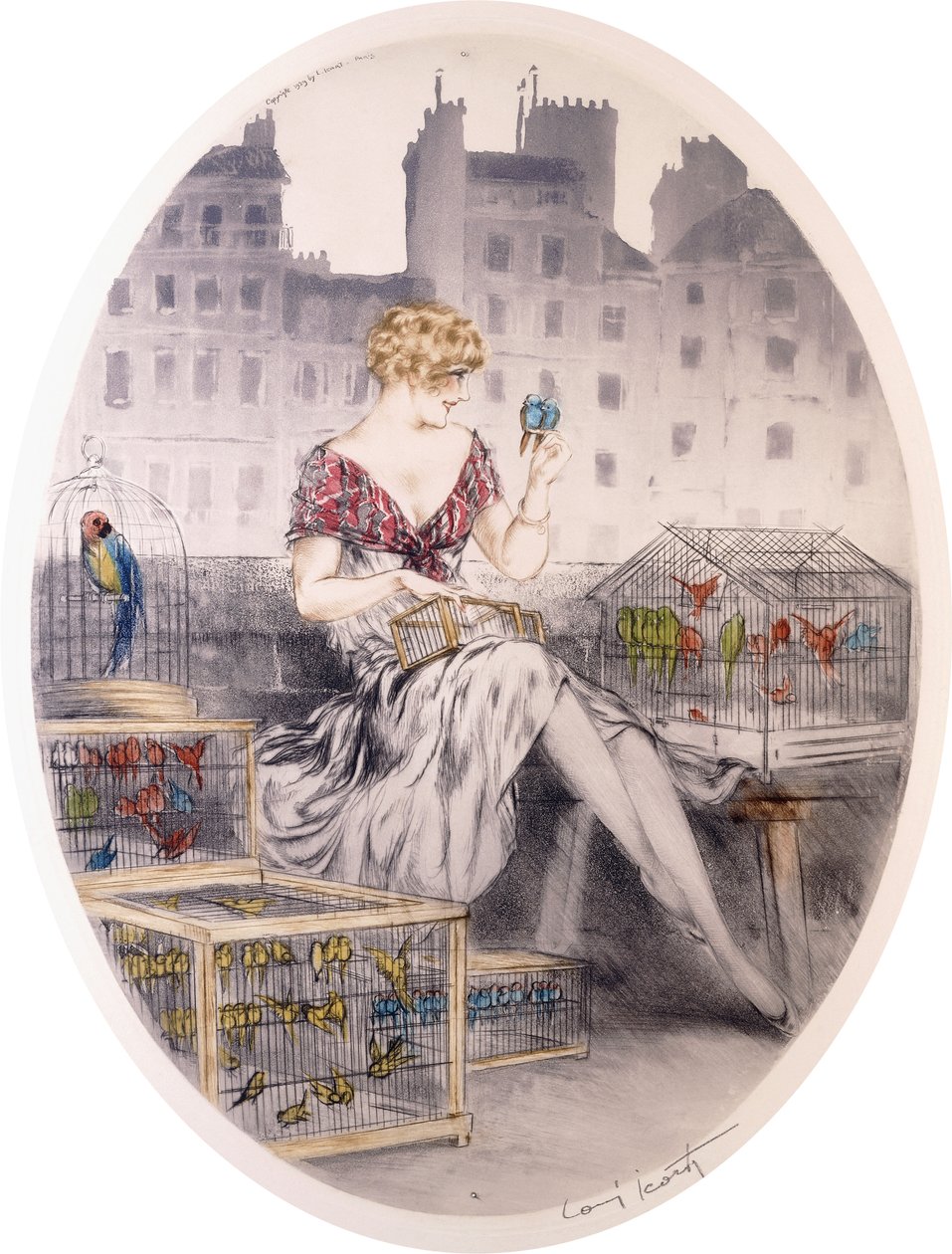 Niña con periquitos, c.1920-30s (grabado en color) de Louis Icart