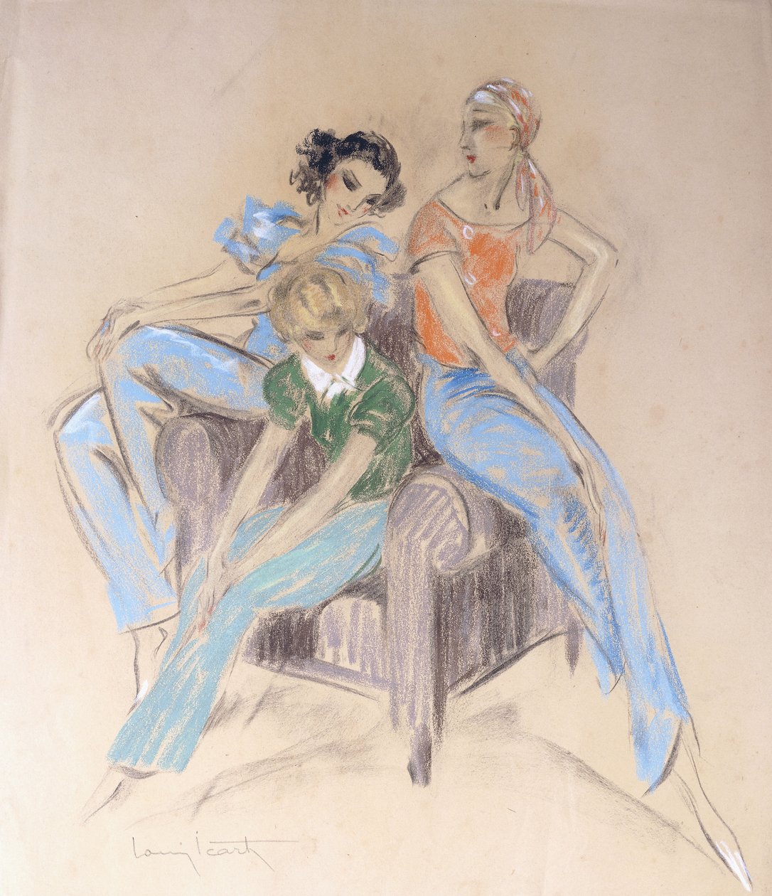 Tres chicas sentadas en un sillón de Louis Icart