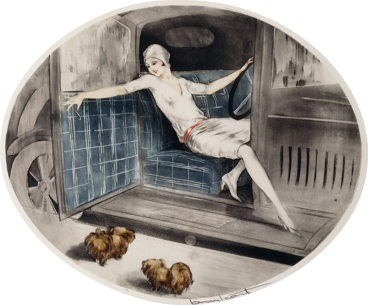 Mujer en un coche con dos pequineses de Louis Icart