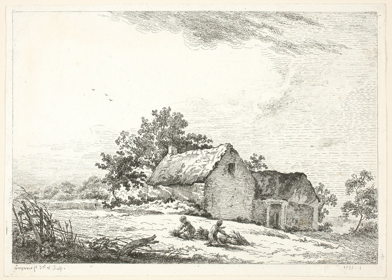 Escena de granja con niños atando leña de Louis Simon Lempereur