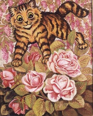 Un gatito escondido en un rosal de Louis Wain