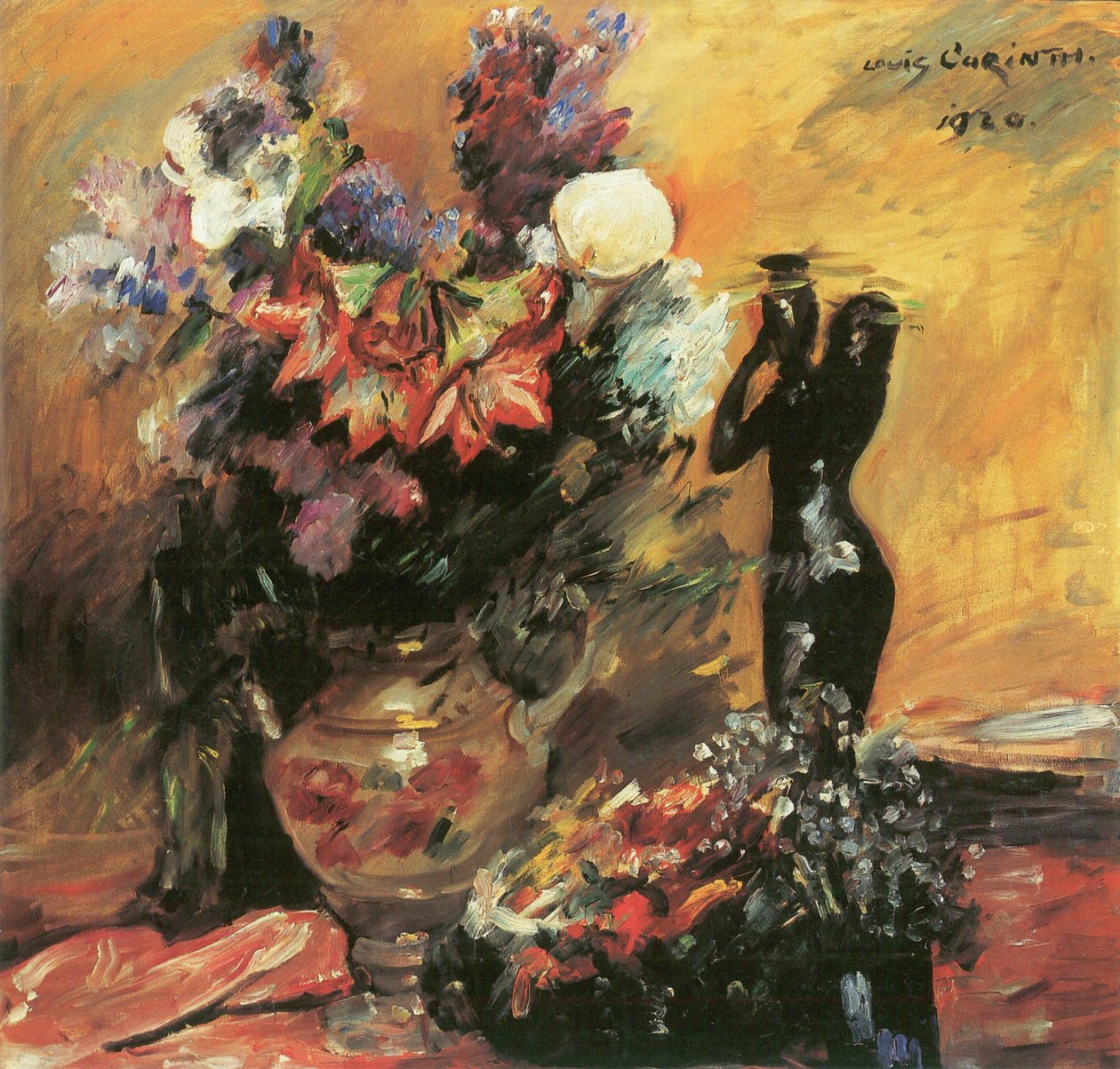 Kalla y lila con figura de bronce de Lovis Corinth
