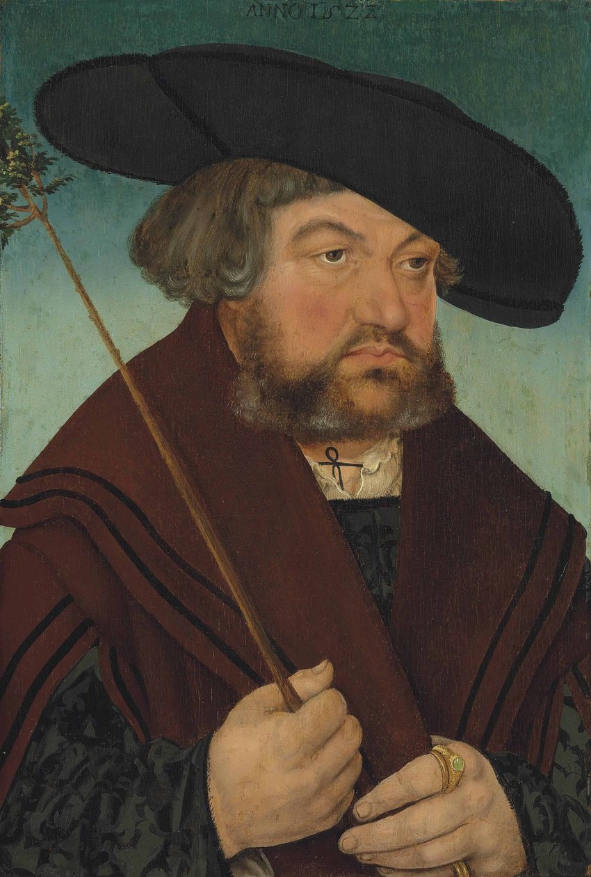 Retrato de un hombre con jubón negro y capa marrón, sosteniendo una rama de Lucas Cranach the Elder