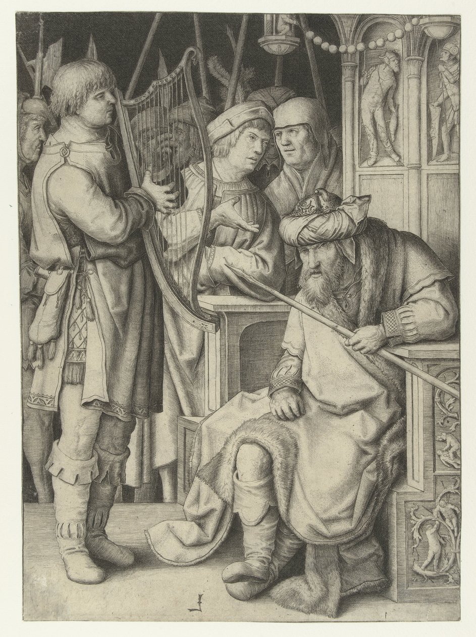 David toca el arpa para Saúl de Lucas van Leyden