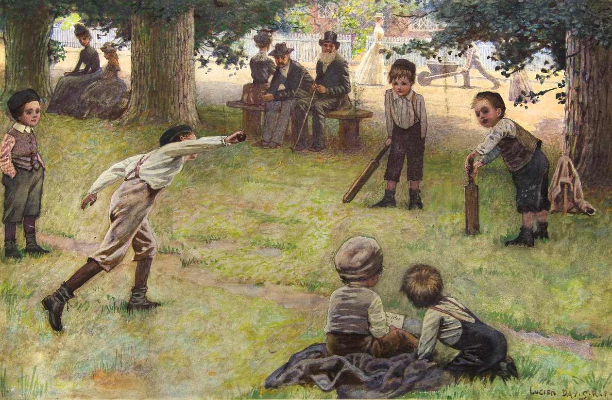 Chicos jugando al críquet (acuarela) de Lucien Davis