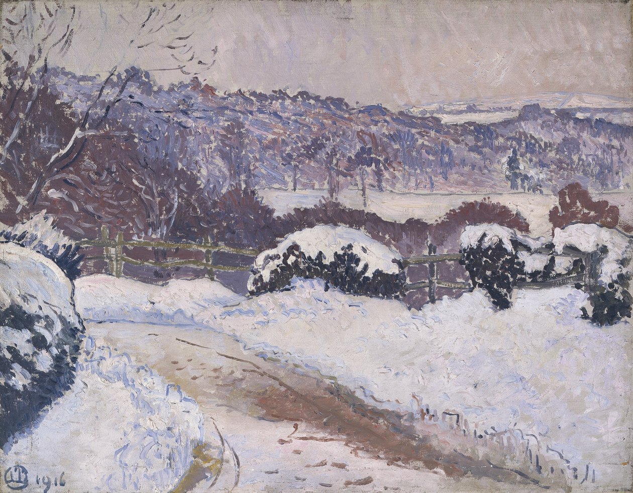 The Dorking Road, Coldharbour, en la nieve de Lucien Pissarro