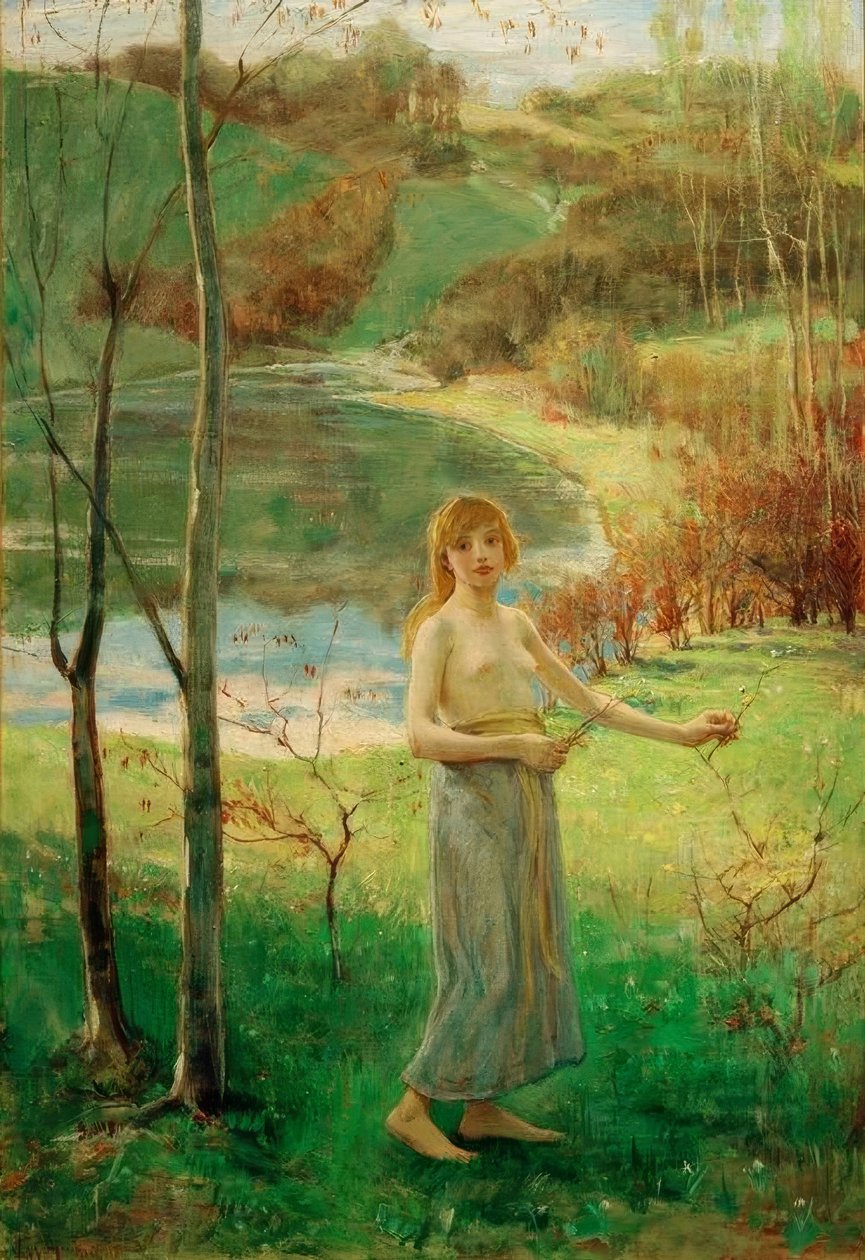 Joven mujer recogiendo flores de Ludwig von Hofmann
