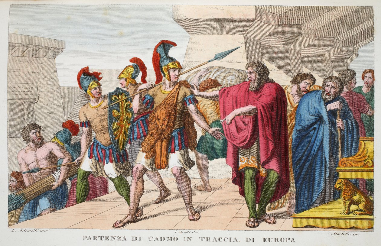 Cadmo parte en busca de Europa, Libro III, ilustración de las Metamorfosis de Ovidio, Florencia de Luigi Ademollo