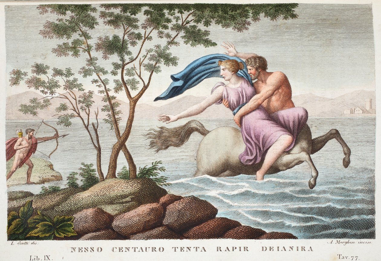 Nessus y Deianira o Nesso Centauro intenta raptar a Deianira, Libro IX, ilustración de 