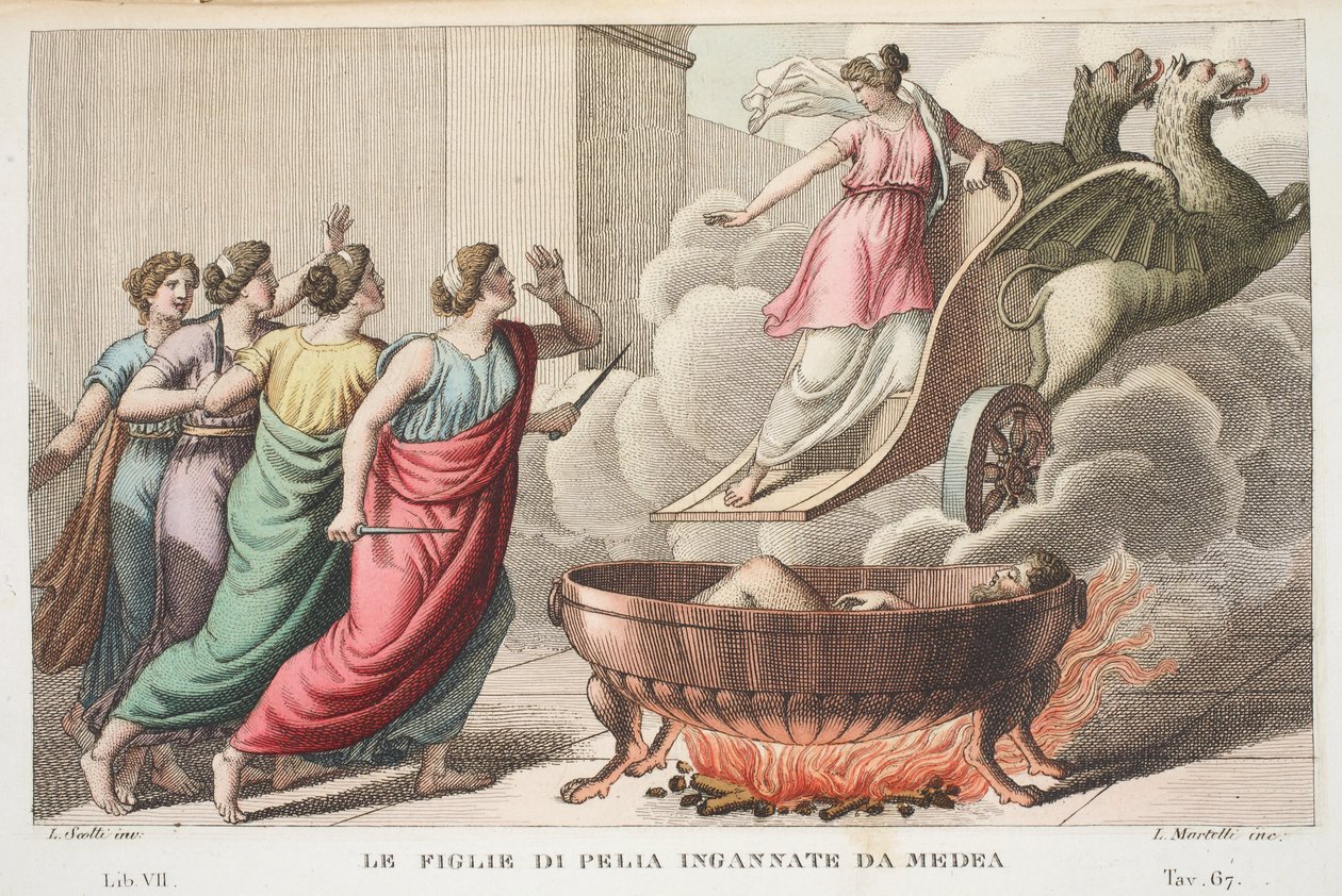 Pelias con sus hijas o Le Figlie di Pelia Ingannate da Medea, Libro VII, ilustración de las Metamorfosis de Ovidio, Florencia, 1832 de Luigi Ademollo
