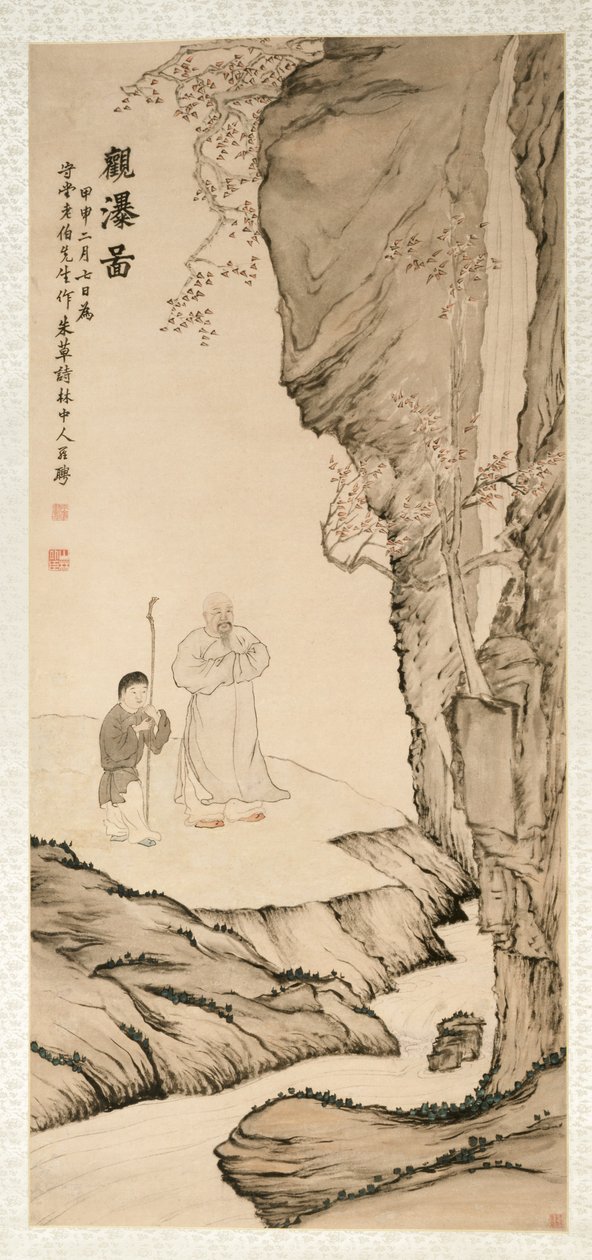 Erudito Observando la Cascada, 1764 de Luo Ping