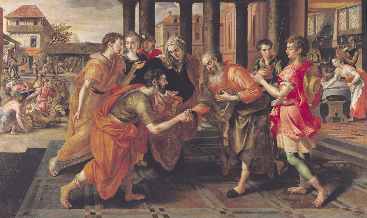 Labán presentando a Eliezer a su padre, 1562 de Maarten de Vos