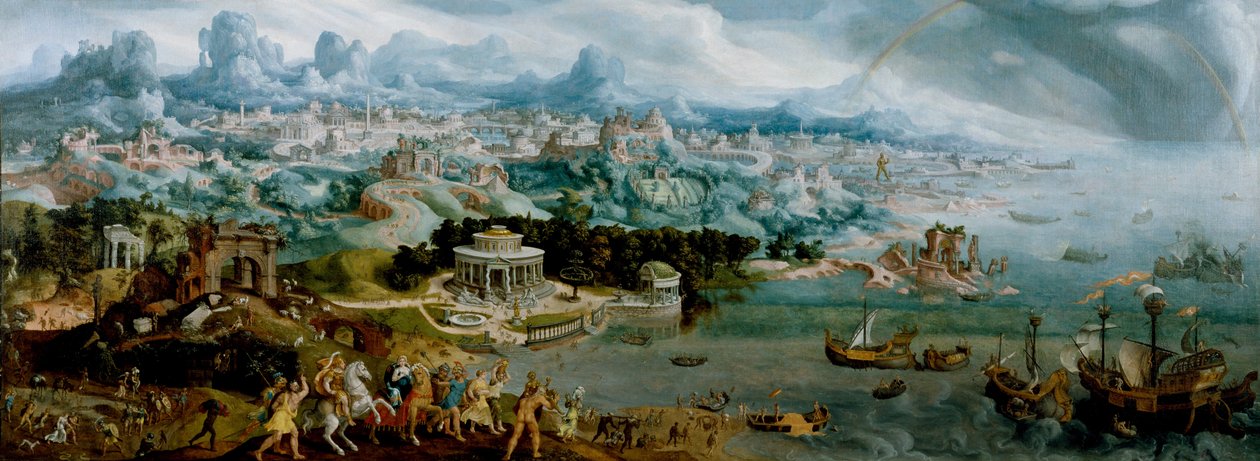 Panorama con el Rapto de Helena entre las Maravillas del Mundo Antiguo de Maerten van Heemskerck