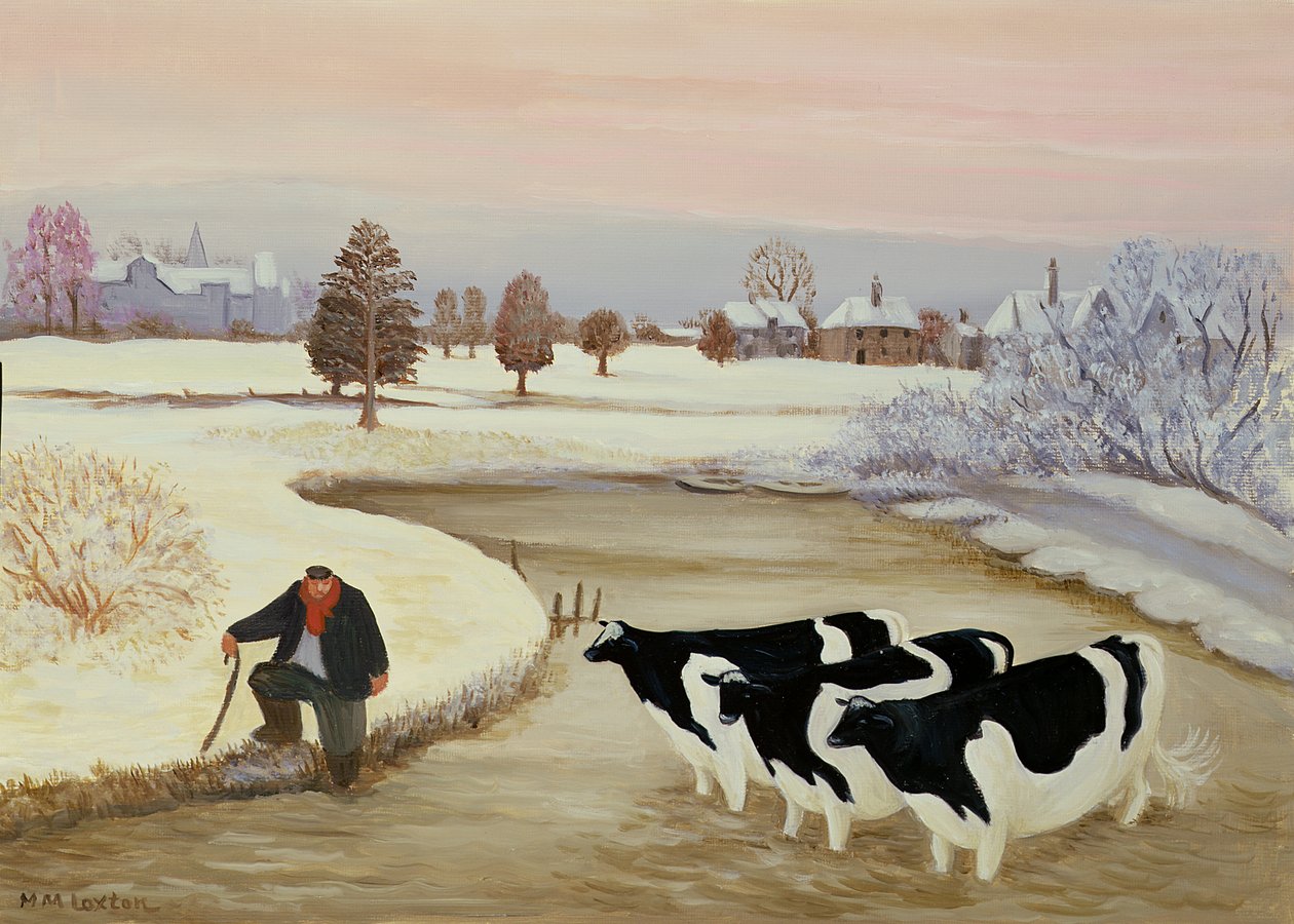 Vacas en un río invernal de Margaret Loxton