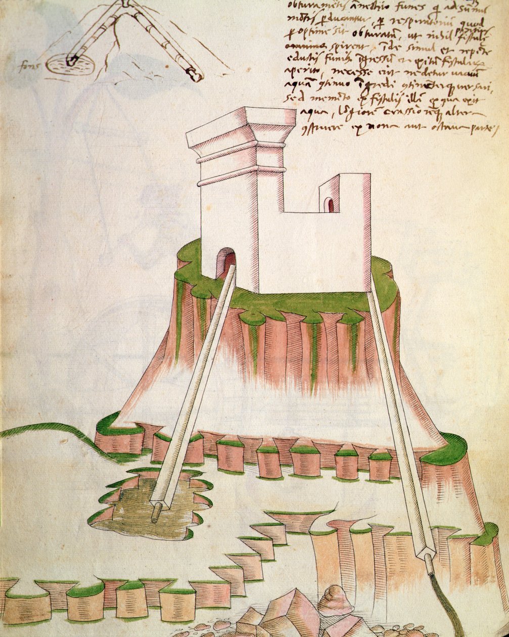 Diseño para suministrar agua a un edificio mediante tuberías que extraen agua de pozos, ilustración de De Machinis de Mariano di Jacopo 1382 c.1453 after Mariano di Jacopo 1382 c.1453 after