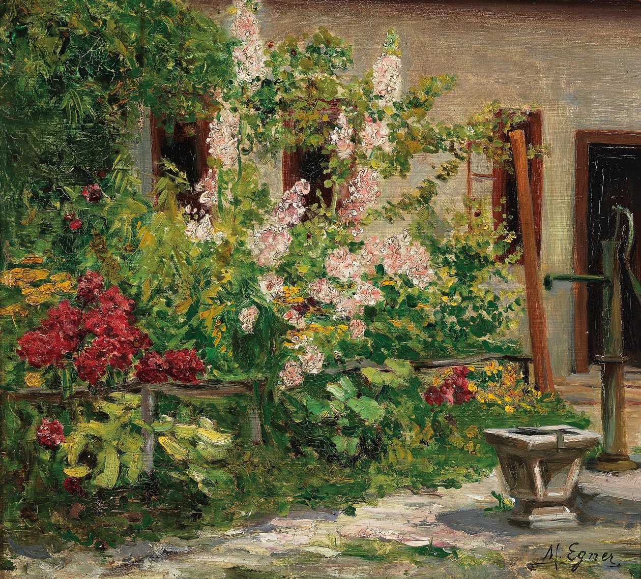 Jardín delantero con malvarrosas en flor de Marie Egner
