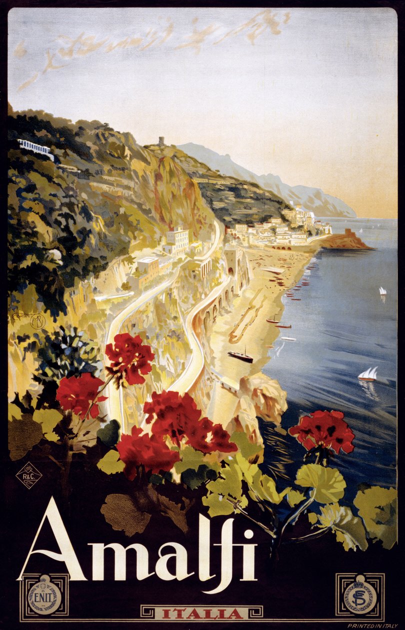 Póster de viaje de la Costa Amalfitana, c.1910 de Mario Borgoni