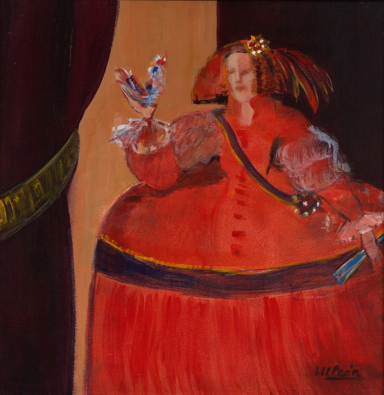 Menina en Rojo con Pequeño Gallo de Marisa Leon
