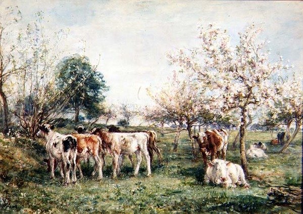 Terneros en un Huerto de Cerezos de Mark Fisher