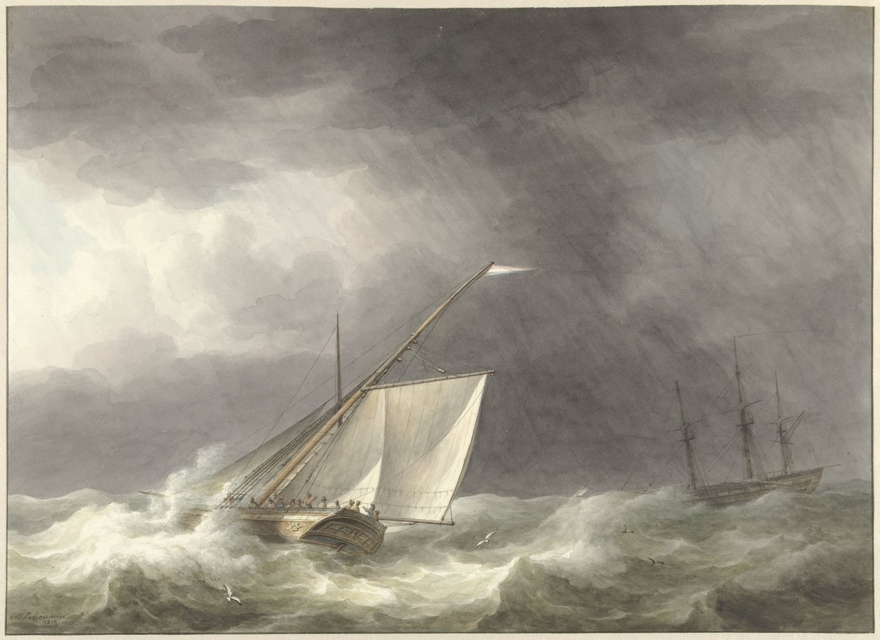 Dos veleros en mares agitados de Martinus Schouman