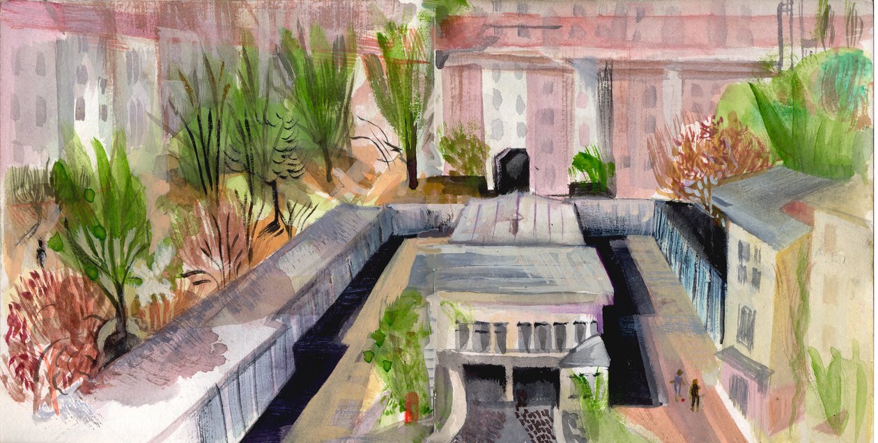 Patio de Berlín, 2004 (pluma y acuarela) de Mary Kuper