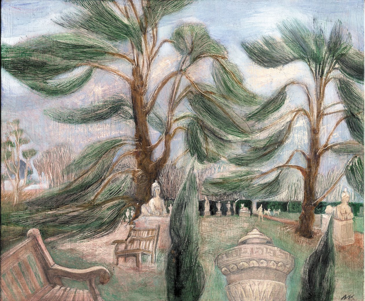 Chiswick House; cedarssphinxes, 2002 (óleo sobre tabla) de Mary Kuper