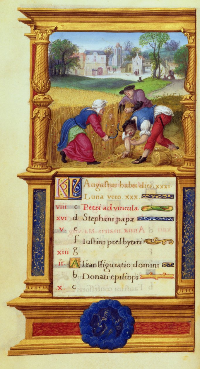 MS W.449 fol.9v Agosto Cosechando Trigo, c.1525 de Master Jean de Mauleon
