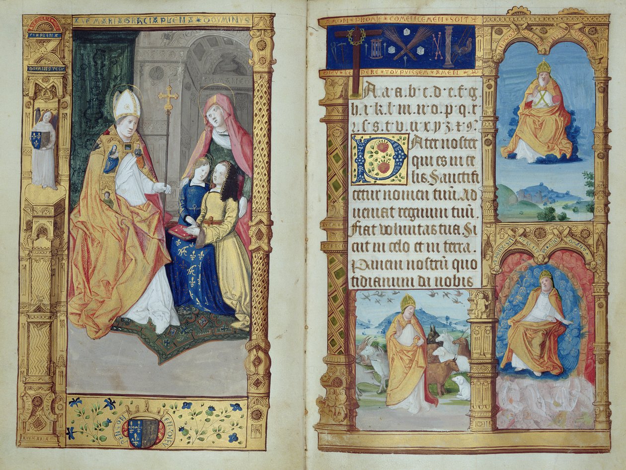 Una niña arrodillada en un escritorio con la Virgen y los santos, de un Primer, c.1500-10 de Master of Antoine de Roche