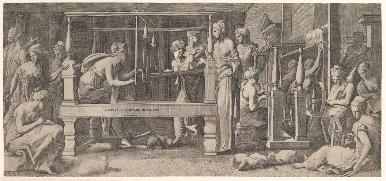 Mujeres hilando, tejiendo y cosiendo, mediados del siglo XVI de Master FG