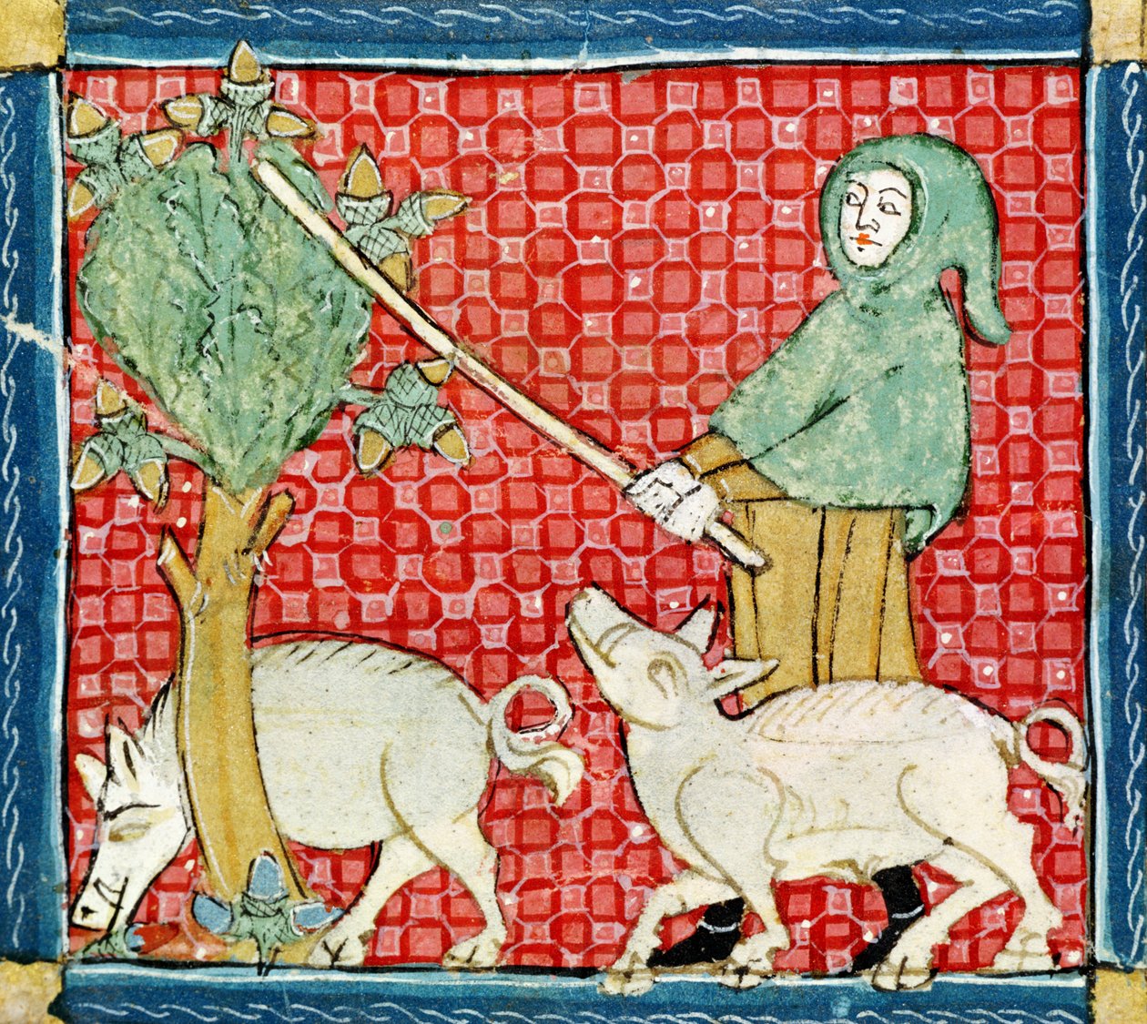 Fol.59v Noviembre: Recolección de bellotas de Matfre Ermengaut