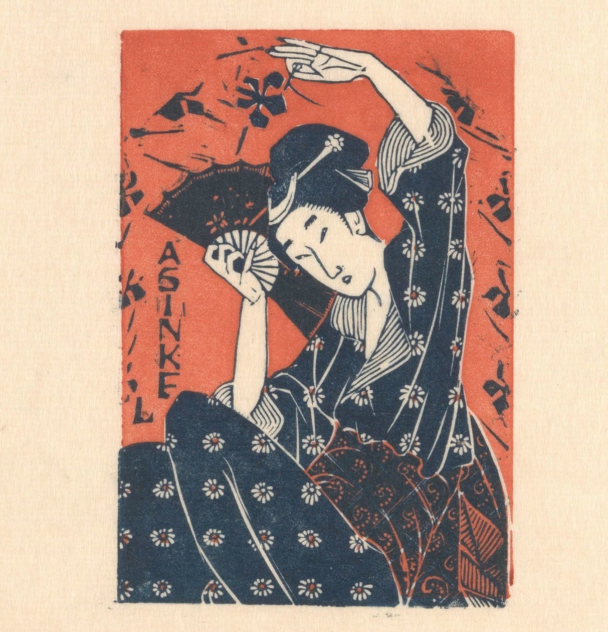 Tarjeta publicitaria de A. Sinkel con una mujer japonesa de Mathieu Lauweriks