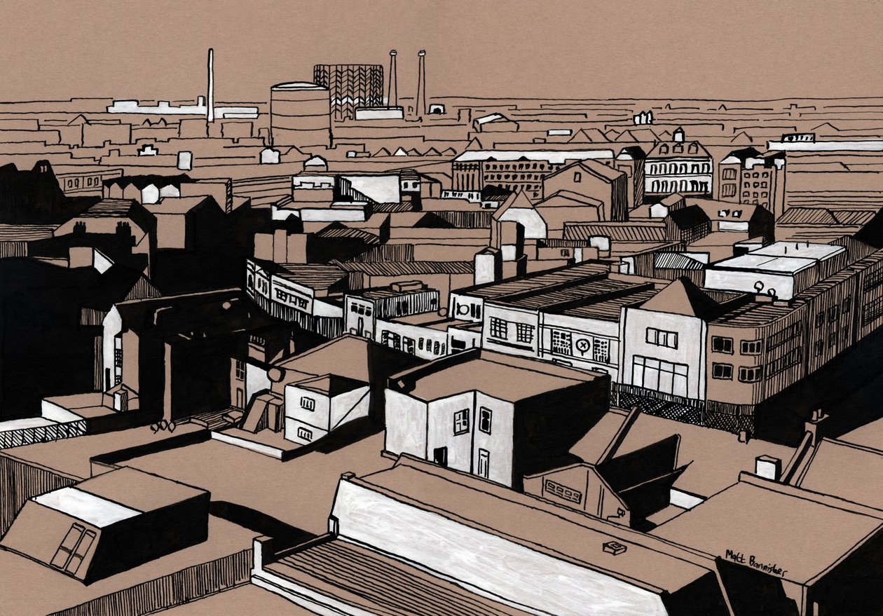 Croydon View, 2016 (tinta acrílica sobre tabla) de Matt Bannister