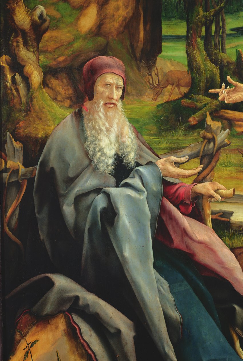 Visita de San Antonio a San Pablo el ermitaño, detalle del retablo de Isenheim, c.1512-16 de Matthias Grünewald