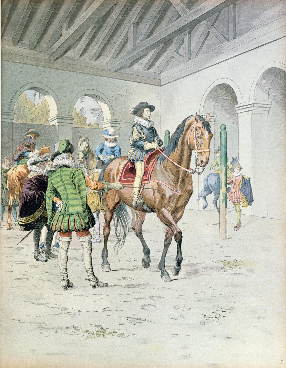 Armand-Jean du Plessis, Cardenal Richelieu (1585-1642) aprendiendo a montar a caballo, ilustración de una vida de Richelieu por Theodore Camu, 1910 de Maurice Leloir