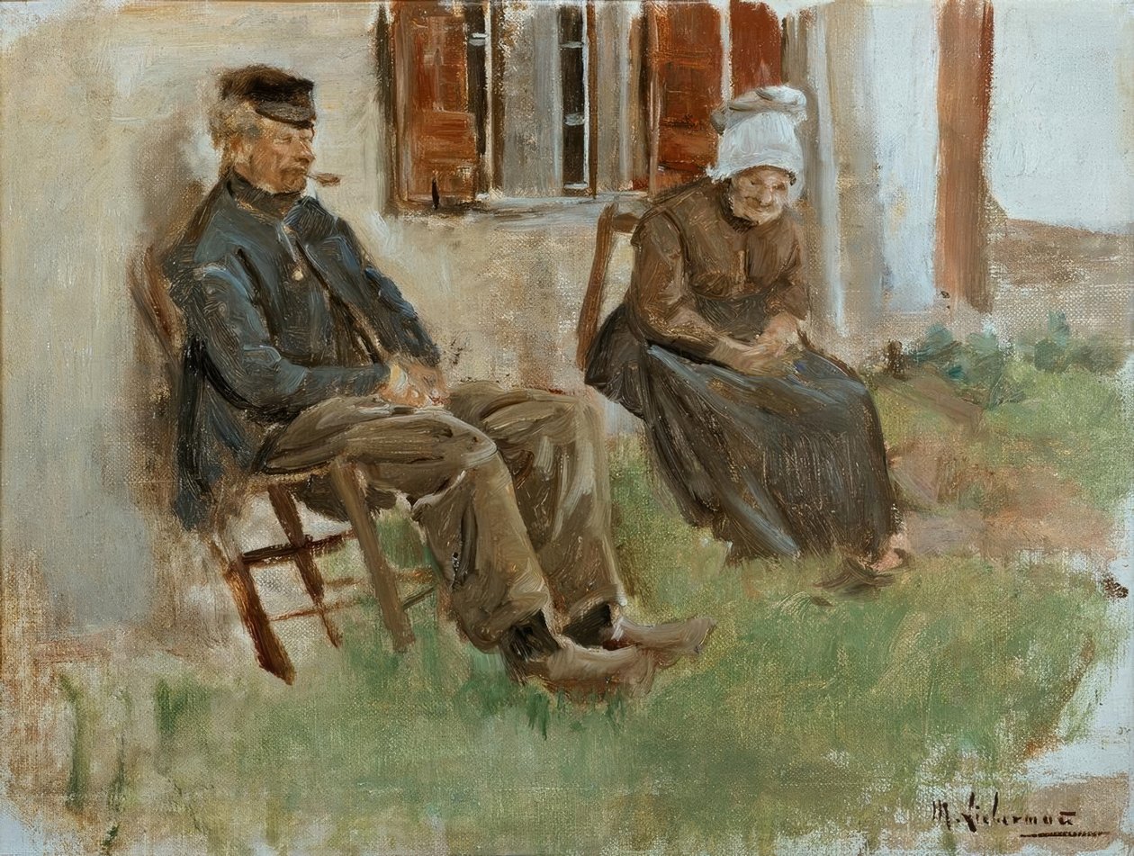 Estudio de Holanda: Pareja de ancianos sentados frente a una casa de Max Liebermann
