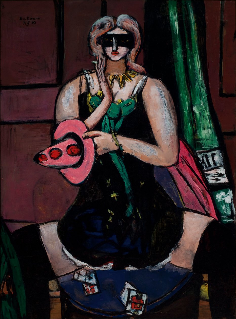 Máscara de carnaval, verde, violeta y rosa (Columbine) de Max Beckmann