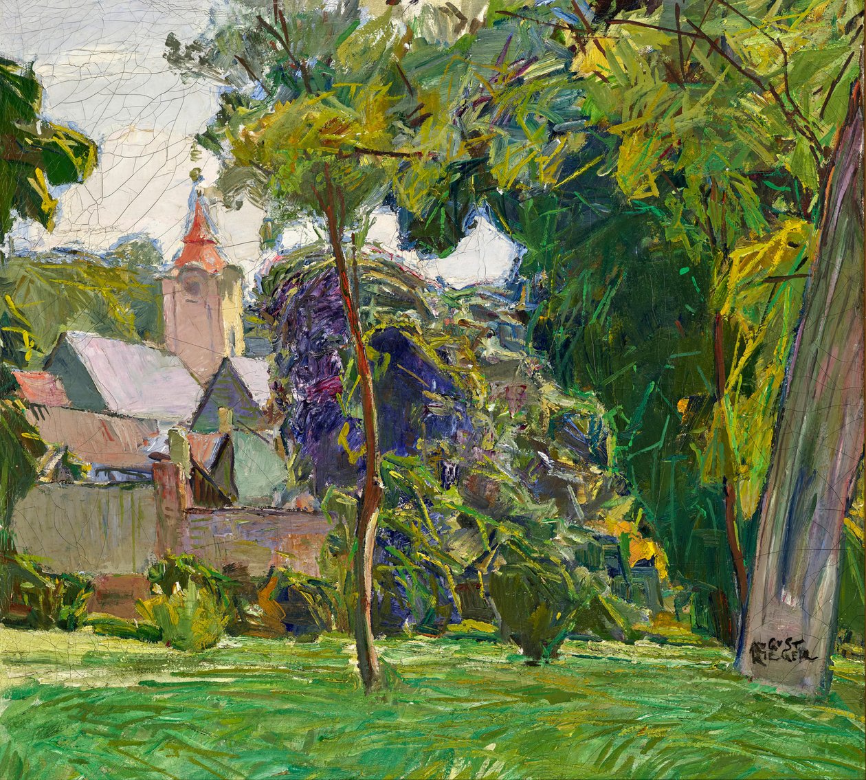 Paisaje del parque August Rieger con iglesia de Max Kahrer
