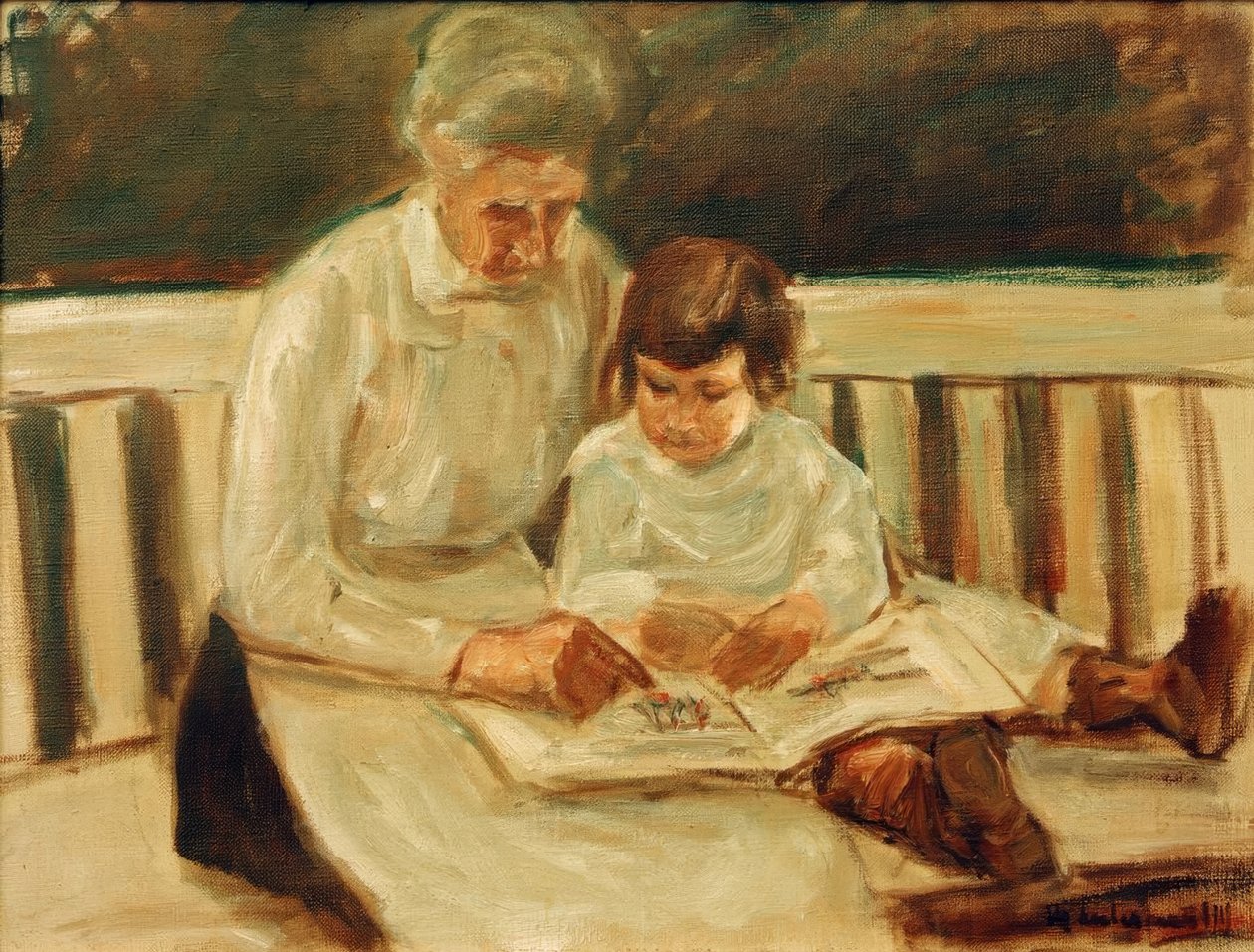 Nieta y niñera en el banco del jardín de Max Liebermann