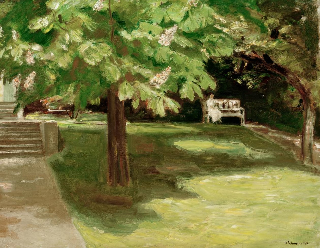 Banco de jardín bajo el castaño – Castaños en flor de Max Liebermann