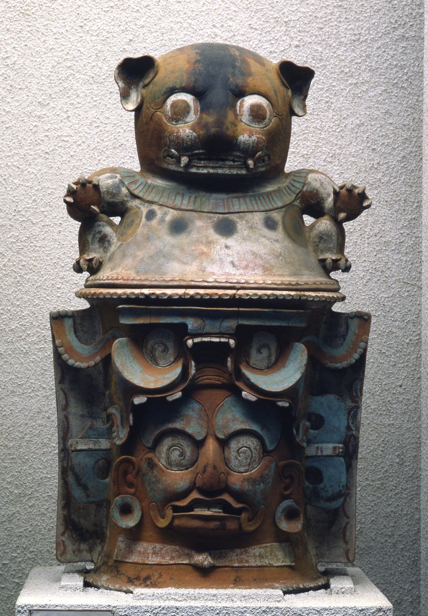 Urna funeraria Ixil con tapa felina, Nebaj, Guatemala, Período Clásico Tardío (900-1200) de Mayan