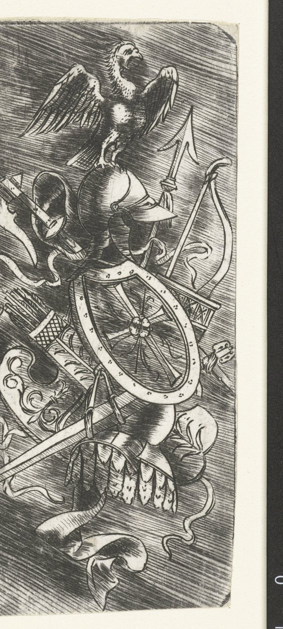 Águila encima de trofeos de armas, incluidas varias armas de Meester van 1515