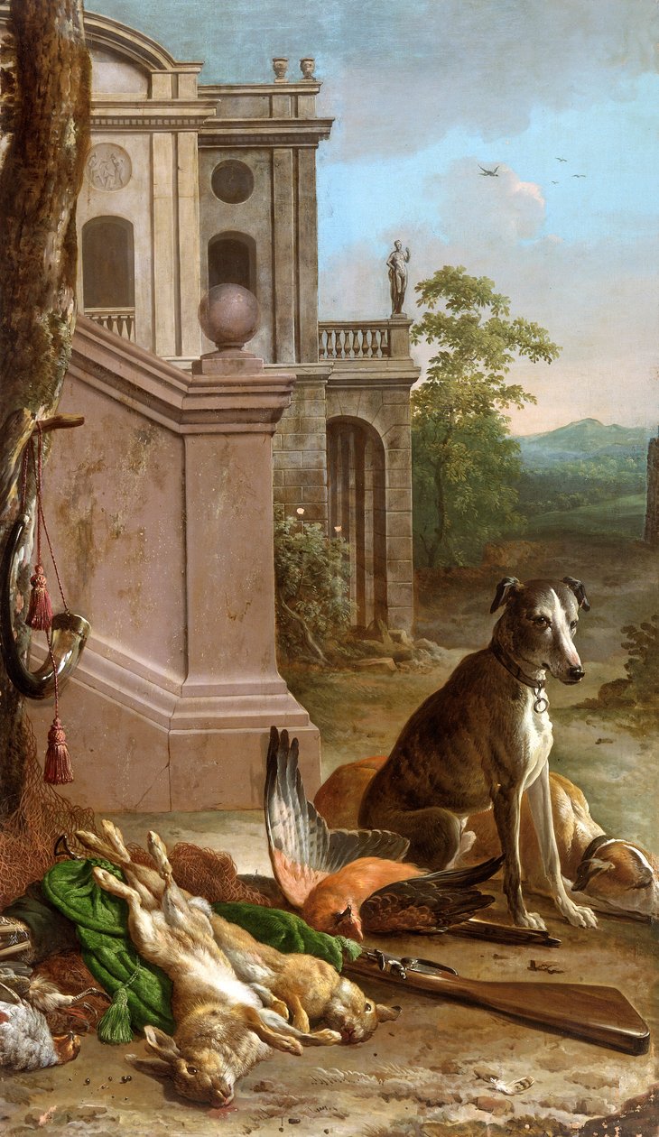Caza muerta en un paisaje, 1674 de Melchior d