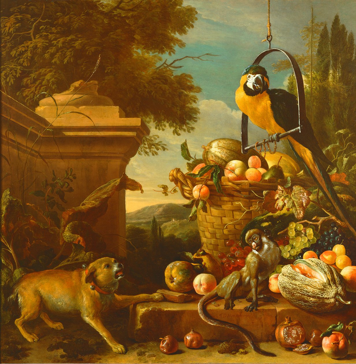 Guacamayo y un mono de Melchior de Hondecoeter