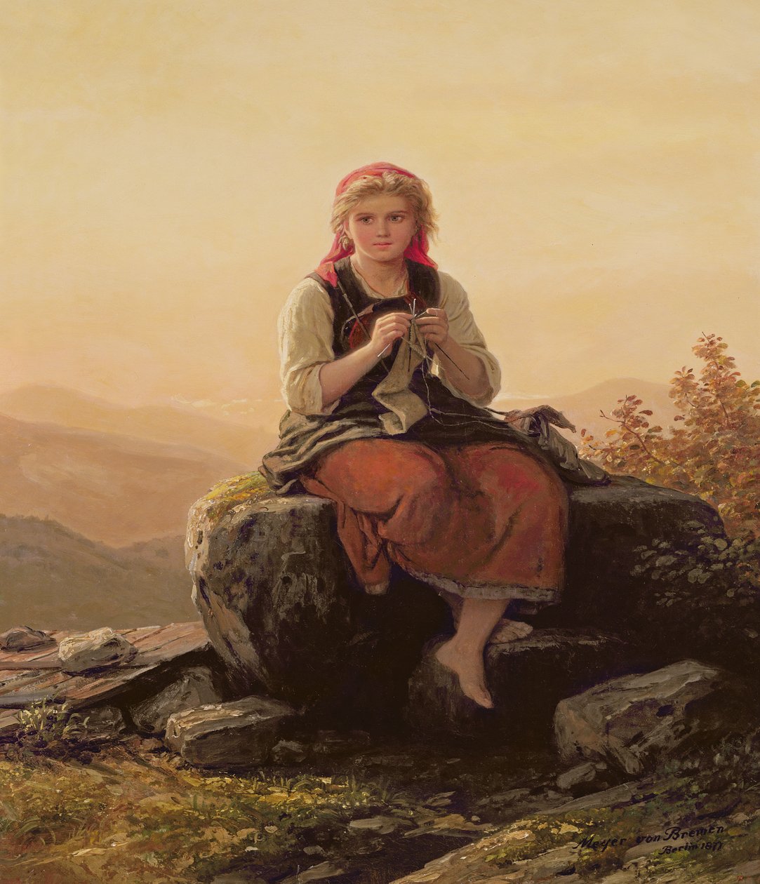 Niña joven tejiendo, siglo XIX de Johann Georg Meyer von Bremen