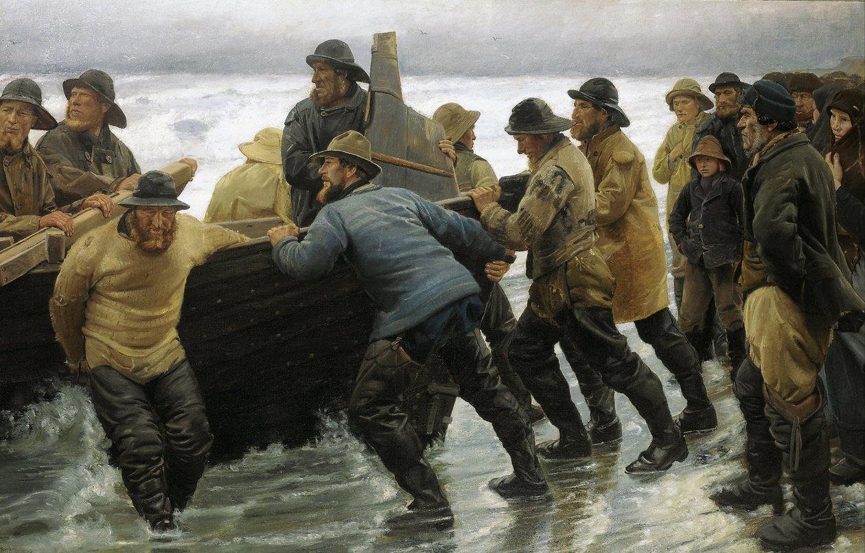 Pescadores lanzando un bote de remos de Michael Peter Ancher