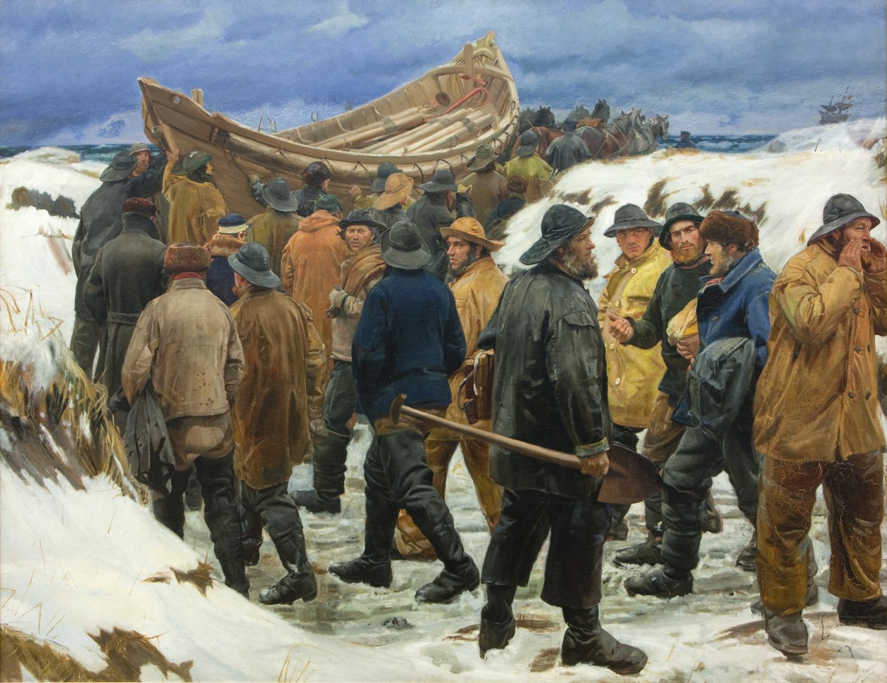 El bote salvavidas es llevado a través de las dunas de Michael Ancher
