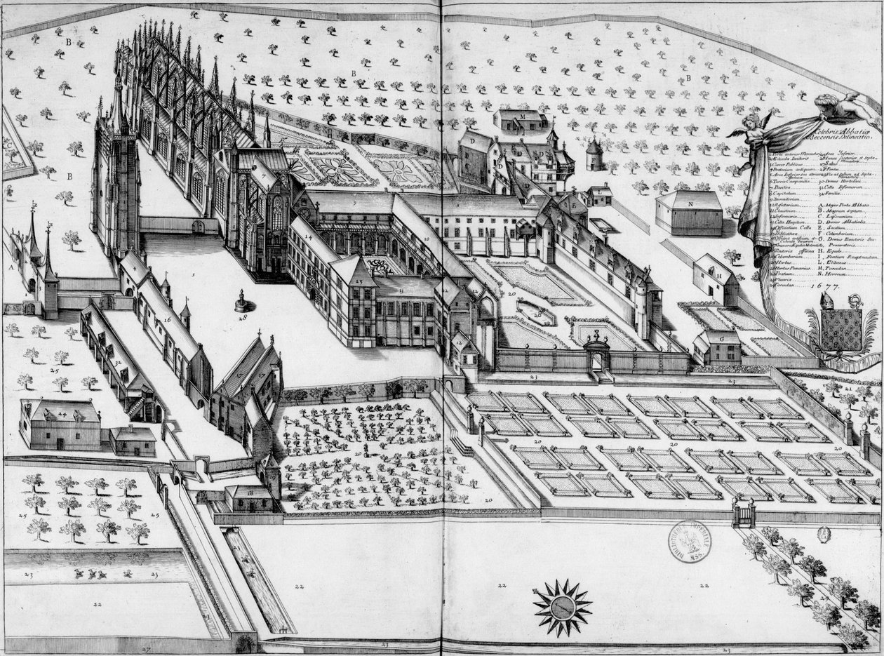 Abadía de Notre Dame du Bec. Vista general en 1677 de Michel Germain