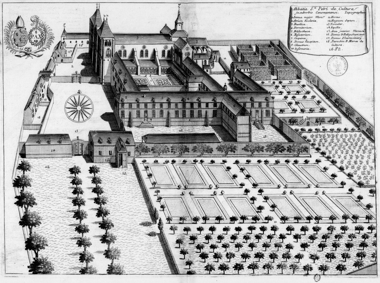 Plancha grabada del siglo XVII representando la abadía de Saint-Pierre de la Couture du Mans de Michel Germain