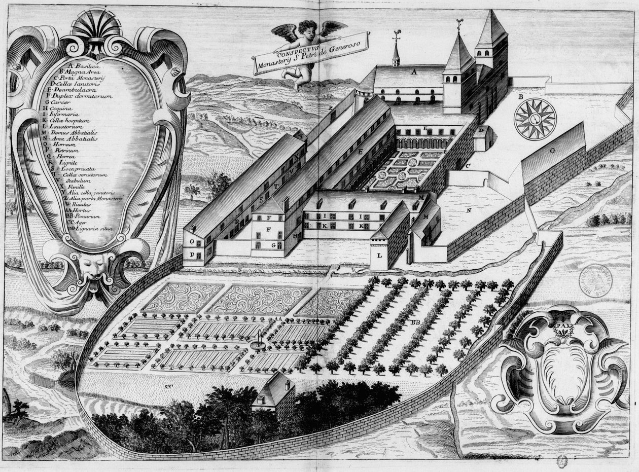 Plancha grabada del siglo XVII representando la abadía de Saint-Pé-de-Bigorre, en el libro Monasticon Gallicanum de Michel Germain