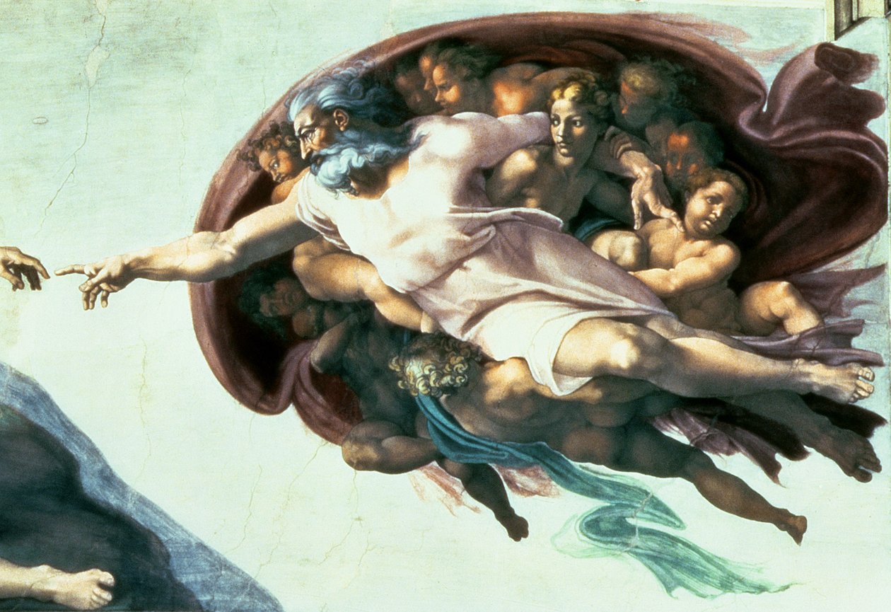 Techo de la Capilla Sixtina: Creación de Adán, 1510 (post restauración) (detalle) de Michelangelo Buonarroti